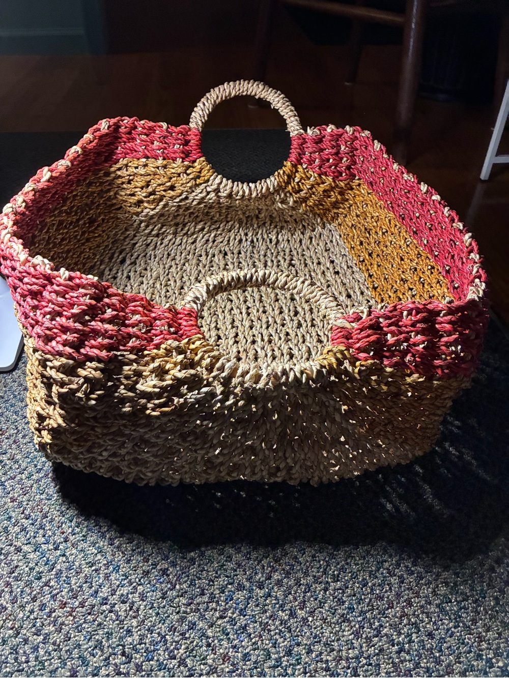 Handwoven Natural Seagrass Basket with Pink and Tan Accents